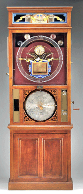This rare and important Yale Wonder Clock combined elements of coin-op arcade, gambling and trade stimulators with a disc playing music box. One of few in existence, it was fresh to the market and sold for $86,250.
