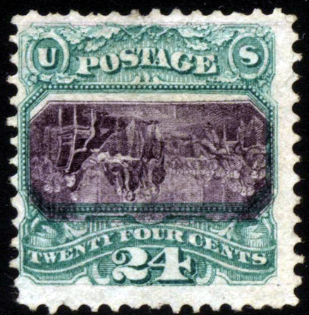 This unused 1869 24-cent inverted center US stamp, #120b, sold for $1.27 million, a new world auction record for a US invert.