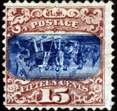 Unused 1869 15-cent inverted center US stamp, #119b, no gum, one of only three known to exist, realized $757,100.