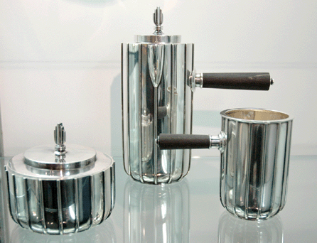 Georg Jensen signed Bernadotte three-piece tea set, 1938, at Drucker Antiques, Mount Kisco, N.Y.