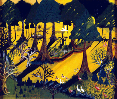 To Cunningham, the Everglades were places of tranquility and pristine beauty, which he knew were threatened by human intrusion. The long shadows cast by the trees on the typically murky swamp water in "Seminole Everglades,†circa 1945, suggest his ominous forebodings about the area's future. Metropolitan Museum of Art, gift of Marilyn L. Mennello and Michael A. Mennello.