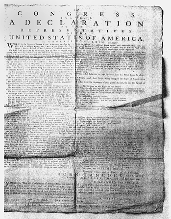 The 1776 Salem, Massachusetts-Bay printing of the Declaration of Independence, printed by E. Russell, which was sent to Pownalborough in that colony (today, Wiscasset, Maine). Handwritten notations on the reverse make reference to the town of Pownalborough.