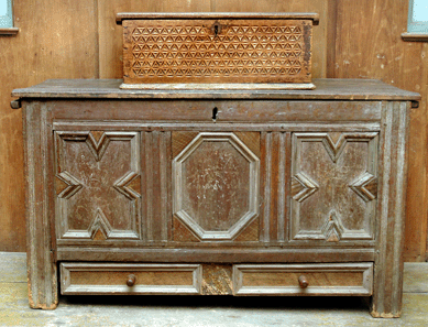 A carved document box made in about 1730 around Bedford, Mass., is carved with diamond devices. The chest was made of oak and pine in Boston around 1690‱730. It had some repairs over the years. Both are gifts of Kettell.