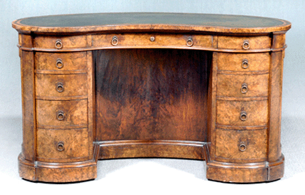 The sale's top lot was this kidney-shaped Gillow desk in burlwood veneer over mahogany, which brought $126,500, more than ten times its high presale estimate.