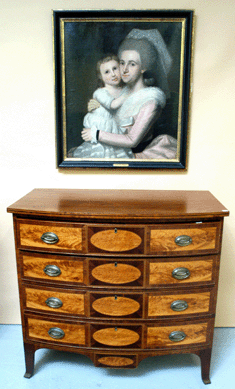 The wonderful inlaid mahogany Federal four-drawer chest attributed to Saco, Maine, cabinetmakers Cumston and Buckminster sold well above the $30/50,000 estimates at $199,500.