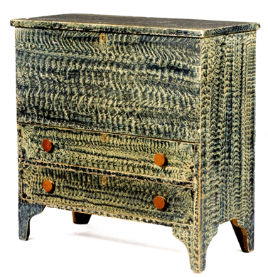 A stunning vinegar painted blue two-drawer blanket chest hammered down at $22,230.