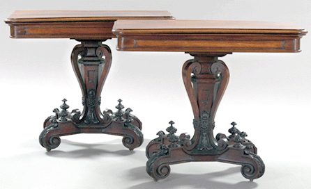 Rare and important, this pair of neoclassical rosewood games tables, attributed to the workshop of Joseph Meeks and Sons, New York, second quarter Nineteenth Century, brought $11,400. 