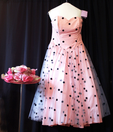 Hearkening back to the bobby sox era of the 1950s was this pink silk and tulle dress with black felt polka dots on the overskirt at Keepers, Merchantville, N.J.