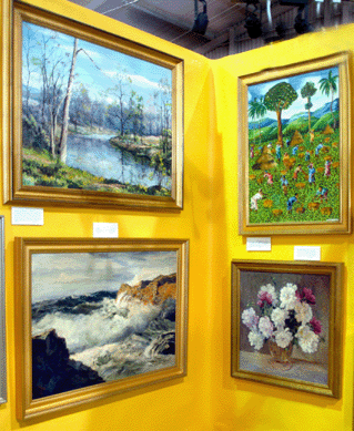 Clockwise from top left, Ammerman House, Somerset, N.J., displayed Clarence Ira Dreisbach's "Spring, Little Lehigh River※ "Harvest Time†by Haitian painter Pierre Bazelais, Ruth Vianco Christie's "Peonies In A Glass Vase†and "Sunset Cliffs†by O. Krivin.