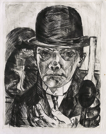 Max Beckmann (German, 1884‱950), "Self-Portrait in Bowler Hat,†1921, drypoint. Severance and Greta Millikin Purchase Fund.