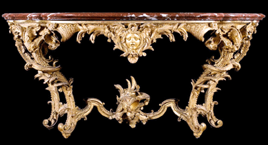 Société pour les Bâtiments du Roi (French), Régence console, carved giltwood, marble top, circa 1725, purchase from the J.H. Wade Fund.