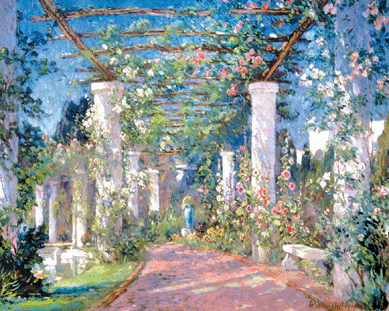 Colin Campbell Cooper, "Pergola at Samarkand Hotel, Santa Barbara,†circa 1921, oil on canvas, 29 by 36 inches, collection of the Irvine Museum.