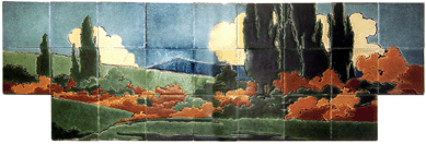 A Grueby standout was this 25-tile panel decorated in cuerda seca depicting a landscape of rolling hills and tall trees that reached $102,000. The panel came from the Harris estate in Hancock, Mich., and had been displayed in the family's English cottage that was built in 1910 until it was modernized in the 1950s, at which time the frieze was removed and stored.