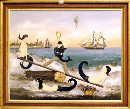 The Ralph Cahoon painting "Seesaw,†replete with mermaids, a sailor, a hot air balloon and ships, realized $28,750.
