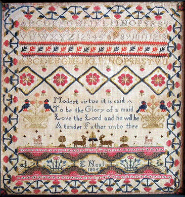 Wrought in 1805 by E. Neal, the schoolgirl sampler elicited $2,243 from a buyer with the same name.