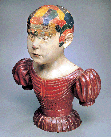 Attributed to Asa Ames (1823‱851), "Phrenological Head,†Evans, Erie County, N.Y., circa 1850, paint on wood, 16 3/8 by 13 by 7 1/8  inches. Collection American Folk Art Museum, bequest of Jeanette Virgin, 1981. ⁊ohn Parnell, New York City, photo
