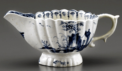 The light passing through this diminutive sauceboat caused Arthur Clement of the Brooklyn Museum to proclaim that Bonnin and Morris had succeeded in producing porcelain; height 2¼ by 2 1/8  by 4 7/8  inches. Museum of Fine Arts, Houston, Bayou Bend. 