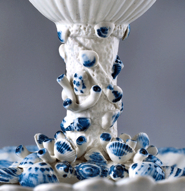 The stem molds are taken from life. This detail of a pickle stand shows how smaller shell marine shells and tube worms were used as decoration. Collection of Mrs George M. Kaufman. 