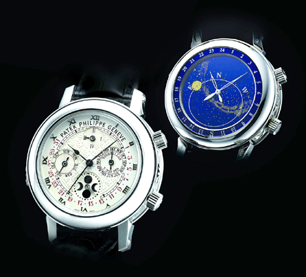 The Patek Philippe Ref 5002P Sky Moon Tourbillon platinum double-dialed wristwatch with 12 complications that brought $1,503,839 (world auction record for a modern wristwatch). 