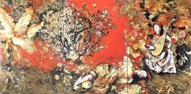 A Nguyên Gia Tri (Vietnamese, 1908‱993) lacquer triptych, "Spring Garden,†that fetched $51,000 from a European collector bidding in the gallery.