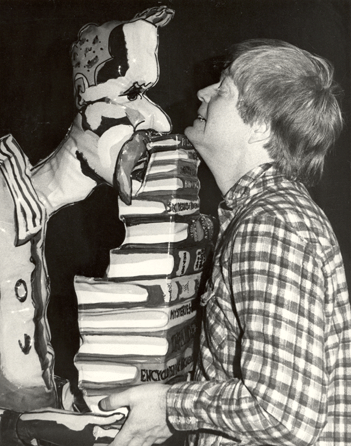 A younger Grooms with one of the reverse painted vinyl figures from "The Bookstore,†circa 1978. Photo courtesy Red Grooms.
