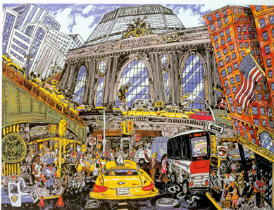 "Taxi to the Terminal,†1993, lithograph, is related to a large sculpture piece of Grand Central Station. Grooms took enormous liberties getting the iconic buildings "smooshed up together†in order to capture the bustle of 42nd Street. Collection of the artist.