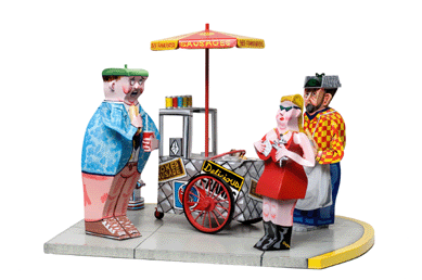 Maquette for "Hot Dog Vendor,†circa 1998. Grooms first produced a three-dimensional litho of the classic corner vendor in 1994, but returned to this signature image on a number of occasions. This cardboard maquette was one step in a series that culminated in a 12-foot-tall outdoor sculpture of fabricated aluminum. Collection of the artist.
