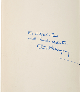 Ernest Hemingway, The Old Man and the Sea, inscribed and signed presentation copy, one of only 30 prepublication copies, New York, 1952. This copy achieved $96,000, a record for a signed copy.