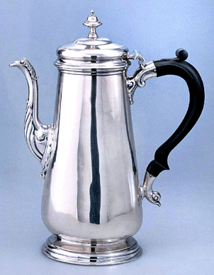 Coffeepot, 1745‱765, Alexander Petrie Shop, Charleston, S.C., silver, gift of Frank L. Horton. Behind the "AP†mark of Charleston silversmith Alexander Petrie labored the highly skilled enslaved silversmith Abraham. When Petrie's estate was sold in 1768, a bidding war among Charleston silversmiths drove Abraham's prices to more than double what was estimated. Recent scholarship suggests that between 1765 and 1768, Abraham may have been responsible for much of Petrie's output. Collection of the Museum of Early Southern Decorative Arts, Old Salem Museums & Gardens.