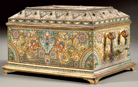This goldwashed, enameled and jeweled silver casket from Moscow, circa 1908‱7, soared past its $50/80,000 estimate, selling for $787,000.