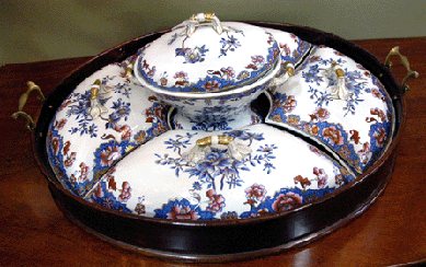 A Nineteenth Century Spode supper set in original mahogany tray included four covered serving dishes and one covered center bowl at Essex Antiquarians, Essex, Mass.
