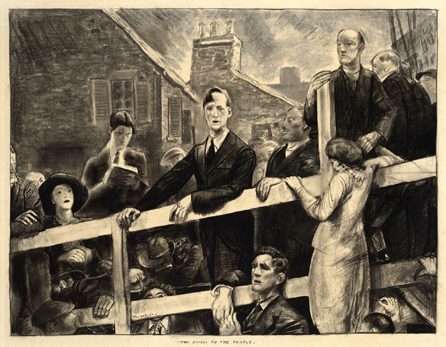 Bellows based "The Appeal to the People,†a 1923 drawing, on a newspaper photograph of young Irish politician Eamon De Valera campaigning for his party in the national elections of that year. It "documents Bellows's receptivity towards other people's work as a source for his own,†says curator Conway.