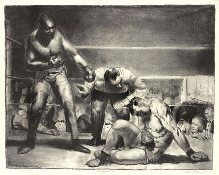 Eleven years after the famous fight took place in Reno, Nev., Bellows was guided by photographs in depicting the black heavyweight champion Jack Johnson looming over former titleholder Jim Jeffries, whom he knocked down three times in the course of successfully defending his title. "The White Hope†is a 1921 lithograph.