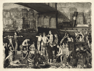 Bellows transferred the background of a tugboat passing under a bridge from two prior paintings to his 1912 drawing "Splinter Beach,†featuring boisterous youngsters swimming from a public dock under the Brooklyn Bridge on the East River.