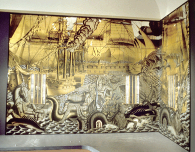 Jean Dupas (French, 1882‱964), "The History of Navigation,†1934, mural, made for the liner Normandie, manufacturer: Charles Champigneulle, glass, paint, gold, silver and palladium leaf, 245 by 348 ¾ inches. Metropolitan Museum of Art, gift of Dr and Mrs Irwin R. Berman, 1976.