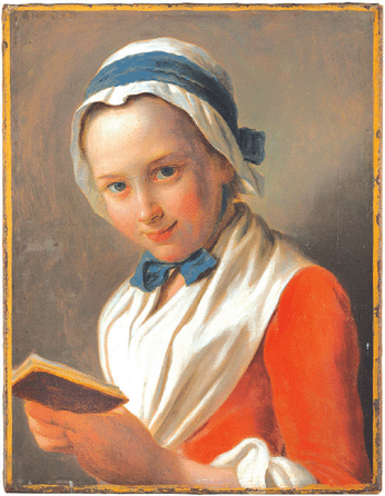 Pietro Antonio Rotari (1707‱762), "Young Woman with Bonnet and White Shawl, Holding a Book,†known as "The Virtuous Girl,†oil on canvas, 17 7/8  by 13 7/8  inches. Marei von Saher, heir of Jacques Goudstikker.
