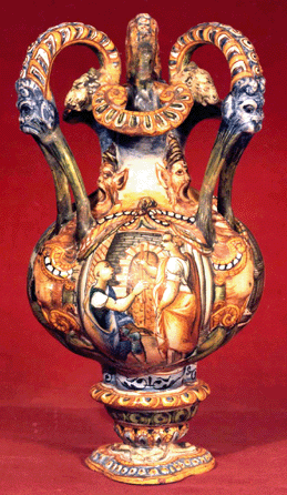 Three-handle vase, Italian, Urbino, mid-Sixteenth Century, 12¾ inches high. Provenance: Stanley Mortimer, New York, (Parke-Bernet). Purchased by Walter T. Rosen, December 2, 1944.