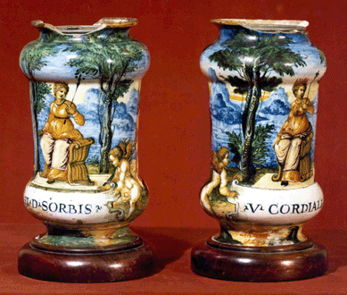 Drug jars ("Albarelli , Italian, Urbino, mid-Sixteenth Century, 8¾ inches high. Provenance: Larsonnier, Paris; Satterwhite, New York, (Arnold Seligman, Rey & Co.). Purchased By Walter T. Rosen in 1945.