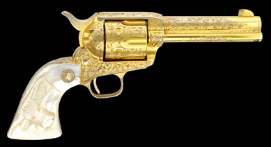 An ultrarare presentation Glahn-engraved gold plated single-action Army revolver presented to Deputy Stuckert drew $155,250.
