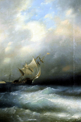 A Nineteenth Century oil on canvas, 19½ by 13¾ inches, attributed to Ivan K. Aivazovsky (1817‱900), "Ships on a Choppy Sea,†sold for $33,460.