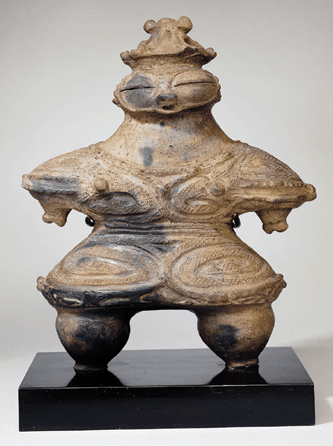 Known as a "snow-goggle†figurine (shakoki dogu), this earthenware female was probably used to ward off evil. The hollows behind the eyes may be containers for the spirit. It was made in the northeastern region of Japan during the final phase of the Jo'mon period (1,000″00 BC); height 9 7/8  inches.