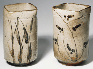 These Japanese stoneware dishes, created in the late Sixteenth Century, are painted with an underglaze of iron brown. Known as Karatsu ware, this high-fired ceramic ware was of Korean origin. 