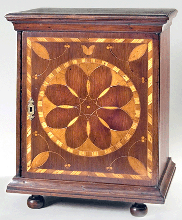 Spice box, unidentified artist,  circa 1740, Chester County, Penn., walnut, 21½ by 16½ by 10½ inches, collection of H.L. Chalfant, attributed to Isaac Taylor of Gap.