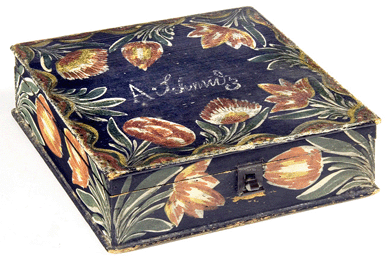 Sewing box, unidentified artist, circa 1880, painted pine, 15¾ by 11½ by 7 inches, collection of Pat and Judy Roche.