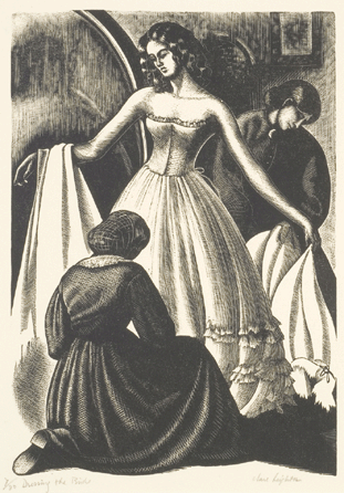 Clare Leighton (American, b England, 1898‱989), "Dressing the Bride,†1940, wood engraving, 7 by 4 7/8  inches, Mint Museum of Art, gift of Gabby Pratt.