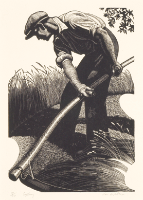 Clare Leighton (American, b England, 1898‱989), "Scything,†1935, wood engraving, 6 7/8 by 4¾ inches,  Mint Museum of Art, gift of Gabby Pratt.