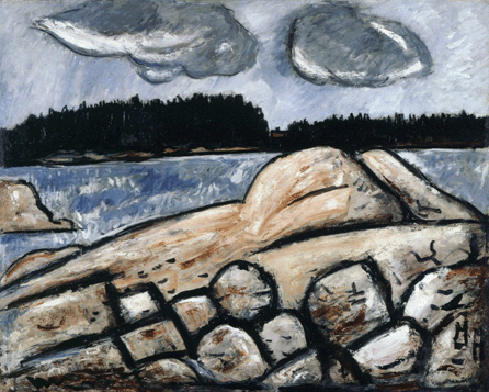 "After the Storm, Vinhalhaven,†1938‱939, by Marsden Hartley (1877‱943), shows the outstanding modernist at his best, after he returned to his native Maine to paint its rugged typography and hardy people. Here, wind-whipped waves assault muscular rock formations off a midcoast island in Penobscot Bay in a scene replete with blocky clouds and a pine-covered shoreline. Bowdoin Museum of Art, Brunswick, Maine, gift of Mrs Charles Phillip Kuntz.