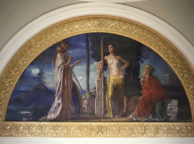 John La Farge (1835‱910), a leading artist of his day, was known for working with top architects to design murals and stained glass works in churches and other large buildings. This made him a natural for Charles Follen McKim to ask to create "Athens†as one of the 1894 lunette murals for the museum's rotunda. Bowdoin College Museum of Art, Brunswick, Maine, gift of the Misses Harriet Sarah and Mary Sophia Walker.