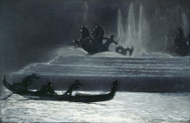 Among the treasures of the museum's Winslow Homer (1836‱910) collection is his evocative "The Fountains at Night, World's Columbian Exposition,†1893, a striking painting in varying shades of blacks and grays. The illumination of much of the fair by then-novel electric lights stimulated the artist, who visited with his brother, to explore unfamiliar effects of artificial light on objects. Bowdoin College Museum of Art, Brunswick, Maine, gift of Mrs Charles Savage Homer Jr.