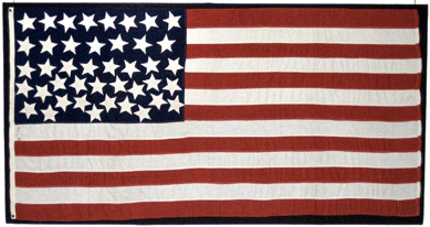 A 42-star American national flag, machine sewn cotton, with its stars configured in a scatter pattern, circa Washington statehood, 1889. Collection of Dr Jeffrey Kenneth Kohn. ⁂etsy Ross House photo